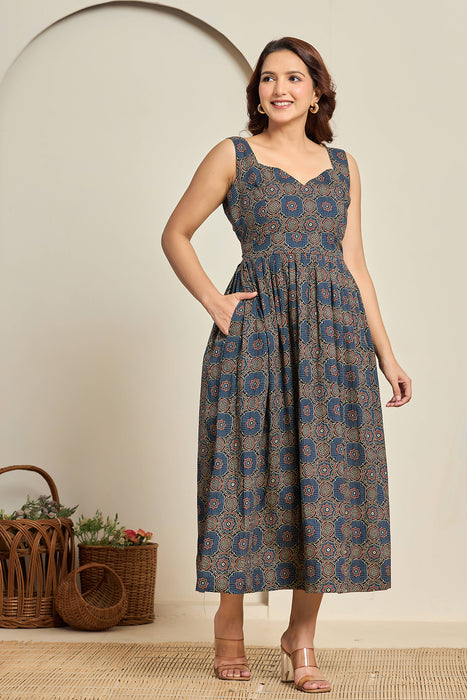 Navy Blue Sleeveless Printed Fit & Flare Dress
