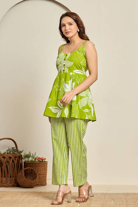 Lime Green Floral Cotton Co-ord Set for Women