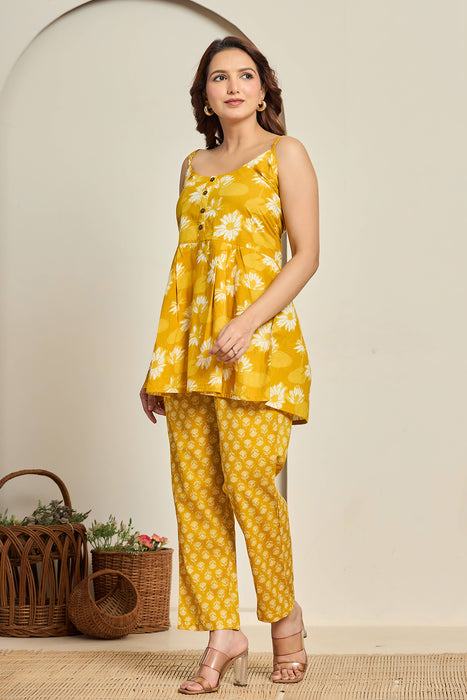 Mustard Strappy Floral Top & Printed Pants Set