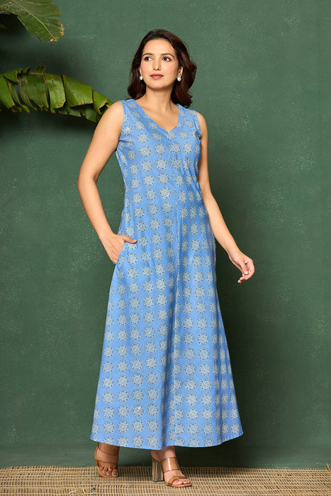 Sky Blue Sleeveless Cotton Maxi Dress