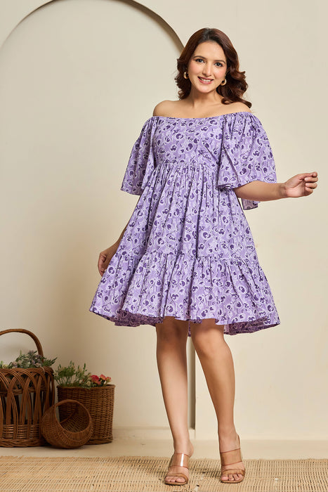 Lilac Floral Cotton Off-Shoulder Short Dress