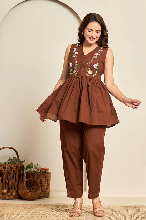 Chocolate Brown Floral Embroidered Cotton Co-ord Set for Women