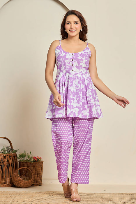 Lavender Floral Print Cotton Co-ord Set for Women