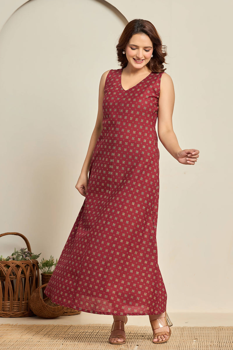 Sleeveless Maroon Cotton Maxi Dress with Block Print