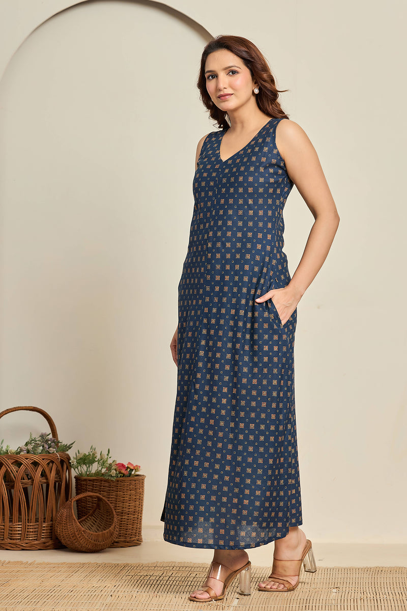 Sleeveless Indigo Cotton Maxi Dress with Block Print