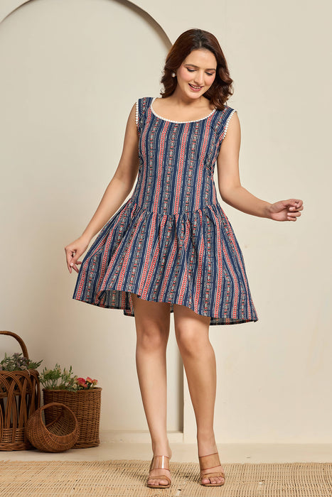 Boho Blue Striped Sleeveless Cotton Mini Dress