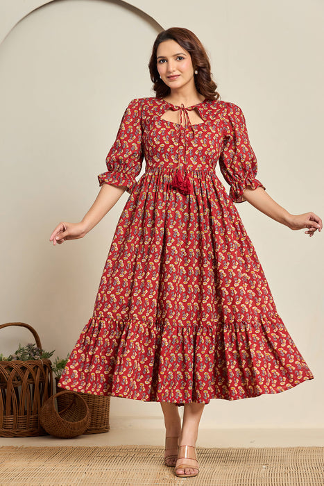 Red Paisley Cotton Midi Dress with Puff Sleeves