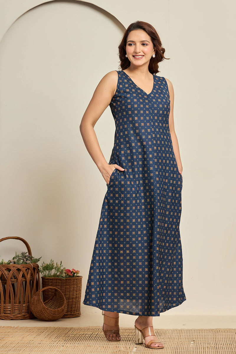 Sleeveless Indigo Cotton Maxi Dress with Block Print