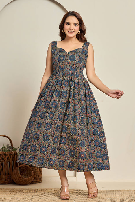 Navy Blue Sleeveless Printed Fit & Flare Dress