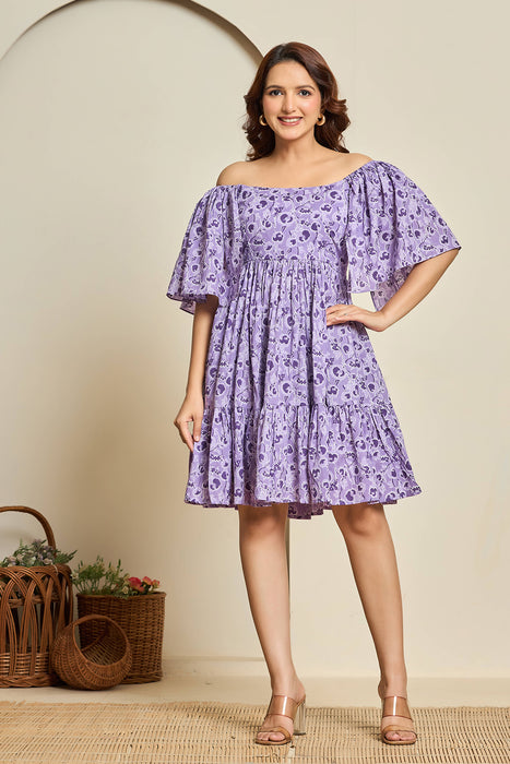 Lilac Floral Cotton Off-Shoulder Short Dress
