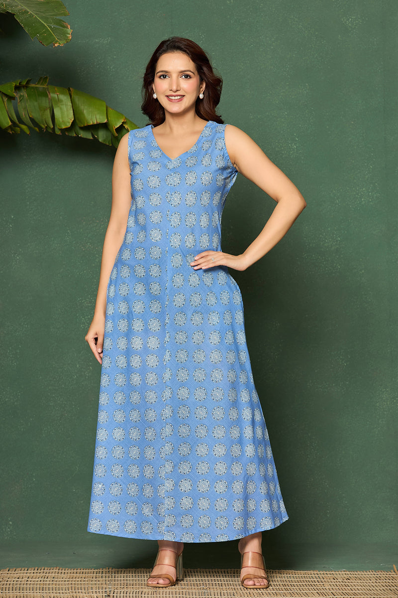Sky Blue Sleeveless Cotton Maxi Dress