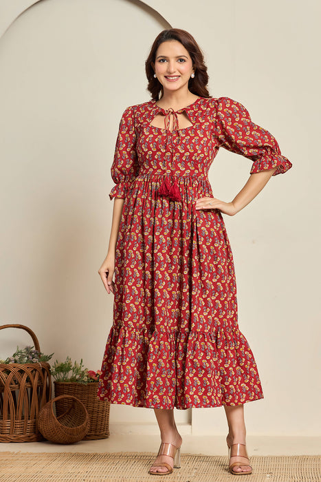 Red Paisley Cotton Midi Dress with Puff Sleeves