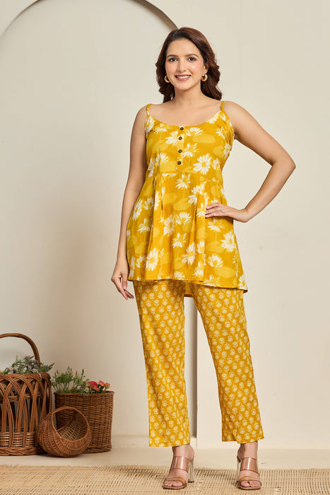 Mustard Strappy Floral Top & Printed Pants Set