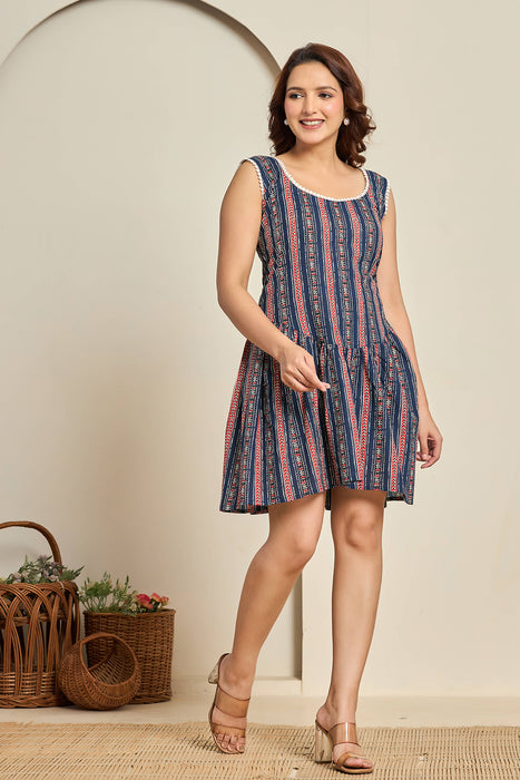 Boho Blue Striped Sleeveless Cotton Mini Dress