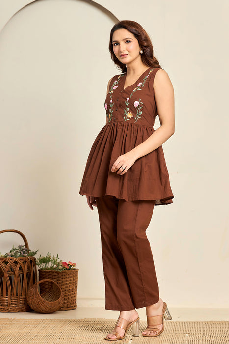 Chocolate Brown Floral Embroidered Cotton Co-ord Set for Women