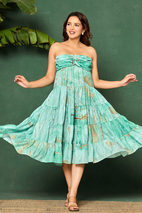 Aqua Green Marble Strapless Tiered Cotton Dress