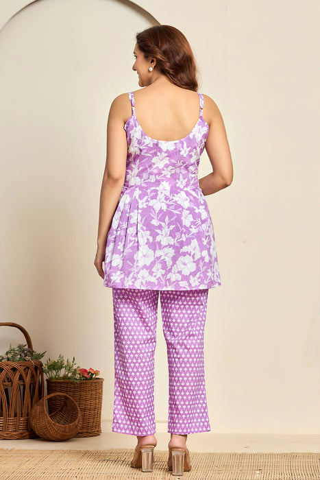 Lavender Floral Print Cotton Co-ord Set for Women