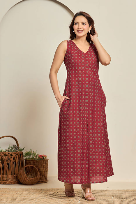 Sleeveless Maroon Cotton Maxi Dress with Block Print