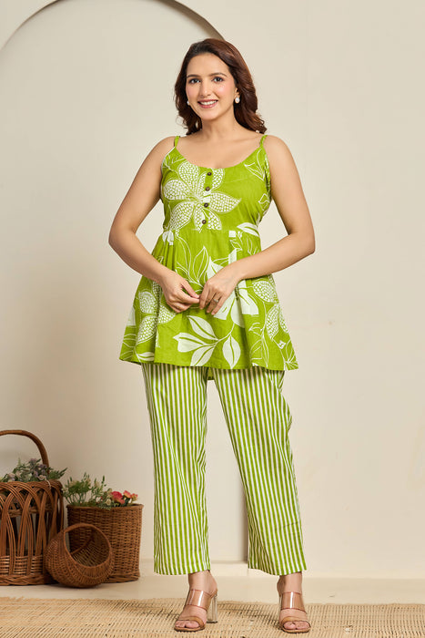 Lime Green Floral Cotton Co-ord Set for Women