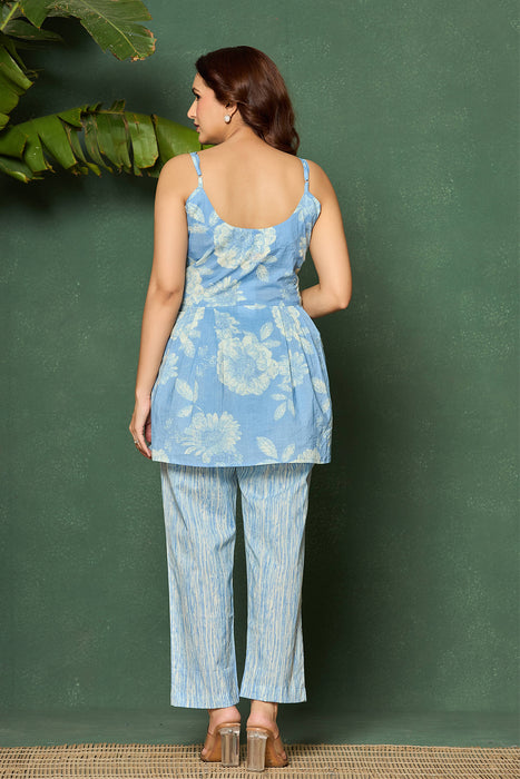 Pastel Blue Floral Cotton Co-ord Set for Women