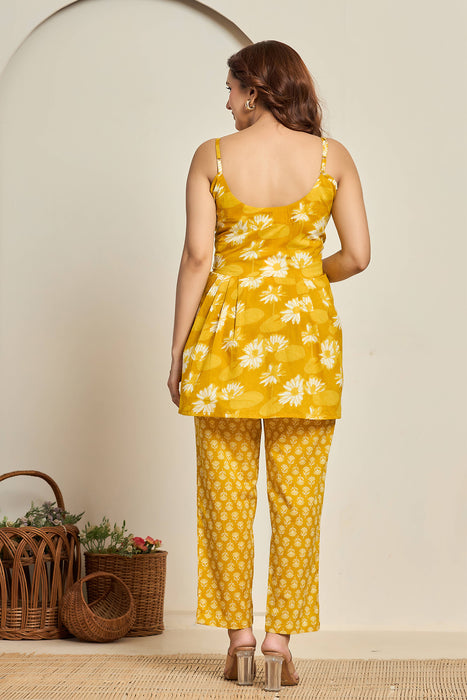 Mustard Strappy Floral Top & Printed Pants Set