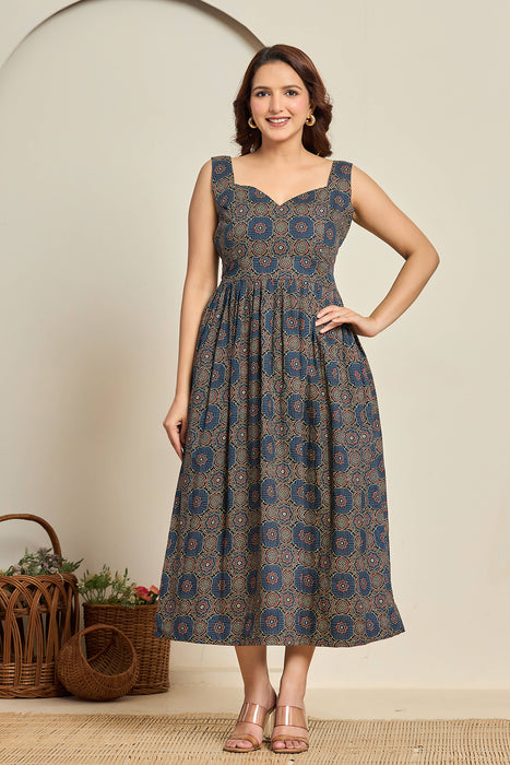 Navy Blue Sleeveless Printed Fit & Flare Dress