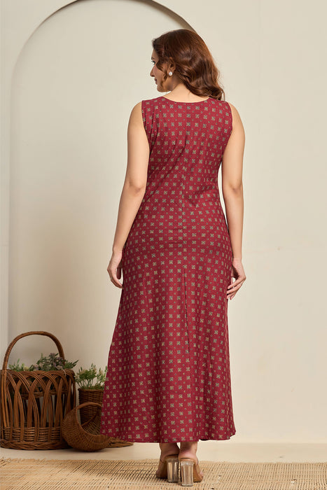 Sleeveless Maroon Cotton Maxi Dress with Block Print