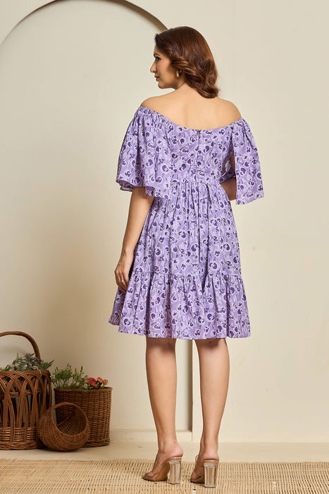 Lilac Floral Cotton Off-Shoulder Short Dress