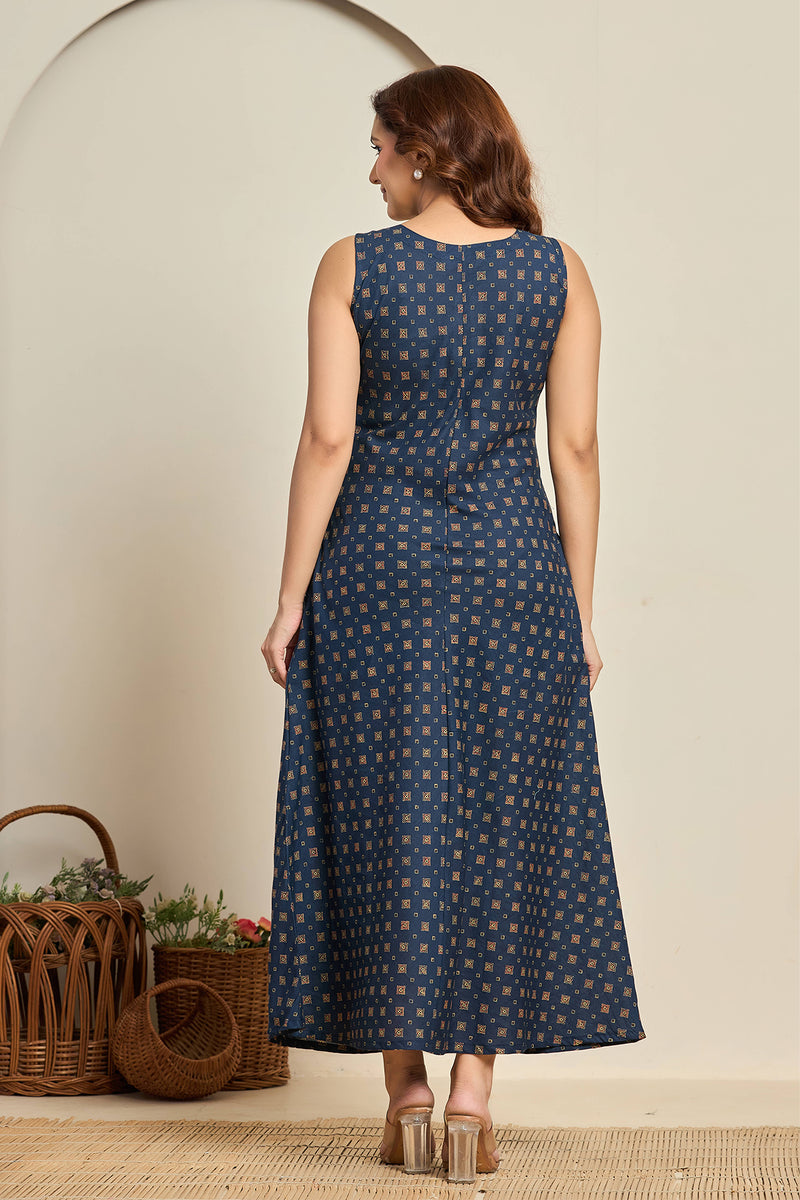 Sleeveless Indigo Cotton Maxi Dress with Block Print