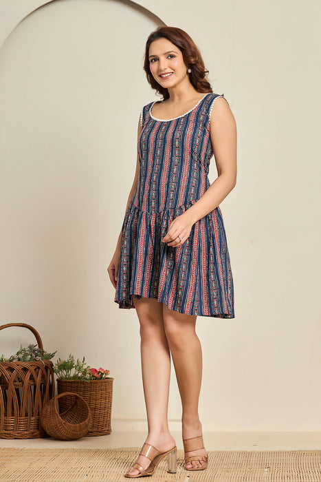 Boho Blue Striped Sleeveless Cotton Mini Dress
