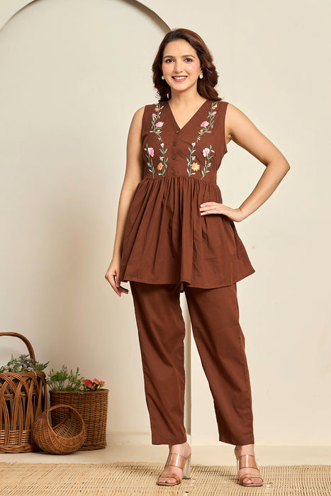 Chocolate Brown Floral Embroidered Cotton Co-ord Set for Women