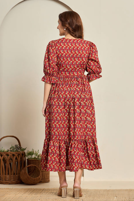 Red Paisley Cotton Midi Dress with Puff Sleeves