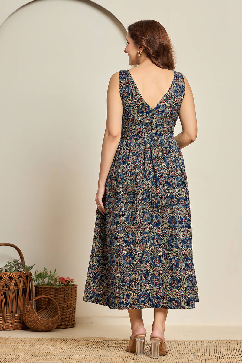Navy Blue Sleeveless Printed Fit & Flare Dress