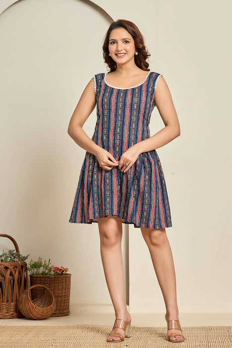 Boho Blue Striped Sleeveless Cotton Mini Dress