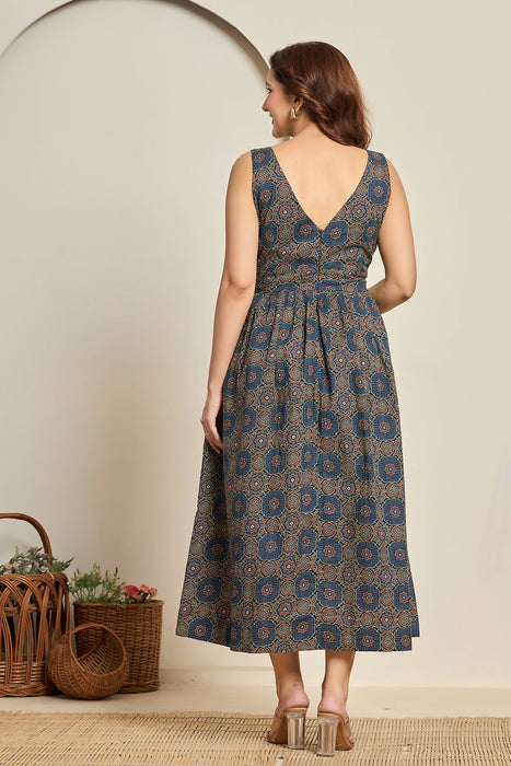 Navy Blue Sleeveless Printed Fit & Flare Dress