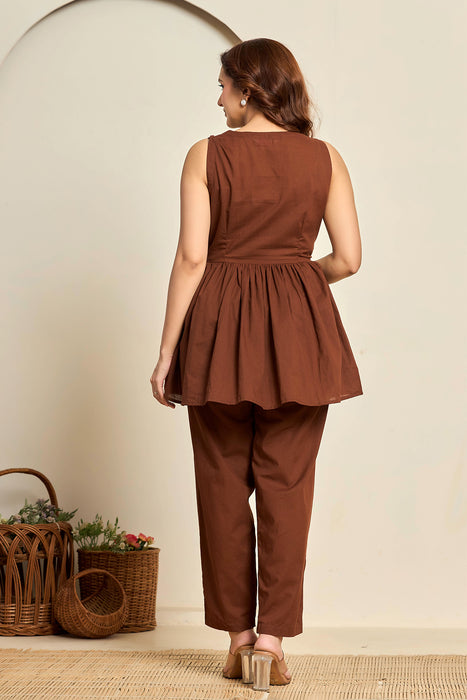 Chocolate Brown Floral Embroidered Cotton Co-ord Set for Women