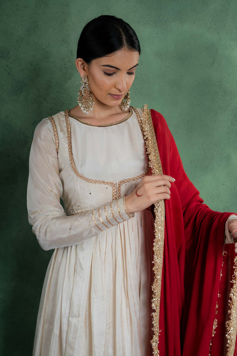 Sitaraa Anarkali Dress With Embroidered Jacket And Red Dupatta (Set Of 3)