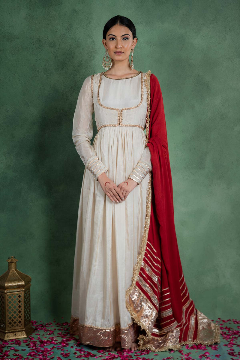 Sitaraa Anarkali Dress With Embroidered Jacket And Red Dupatta (Set Of 3)