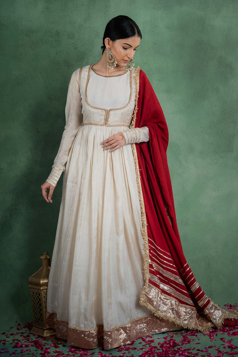 Sitaraa Anarkali Dress With Embroidered Jacket And Red Dupatta (Set Of 3)