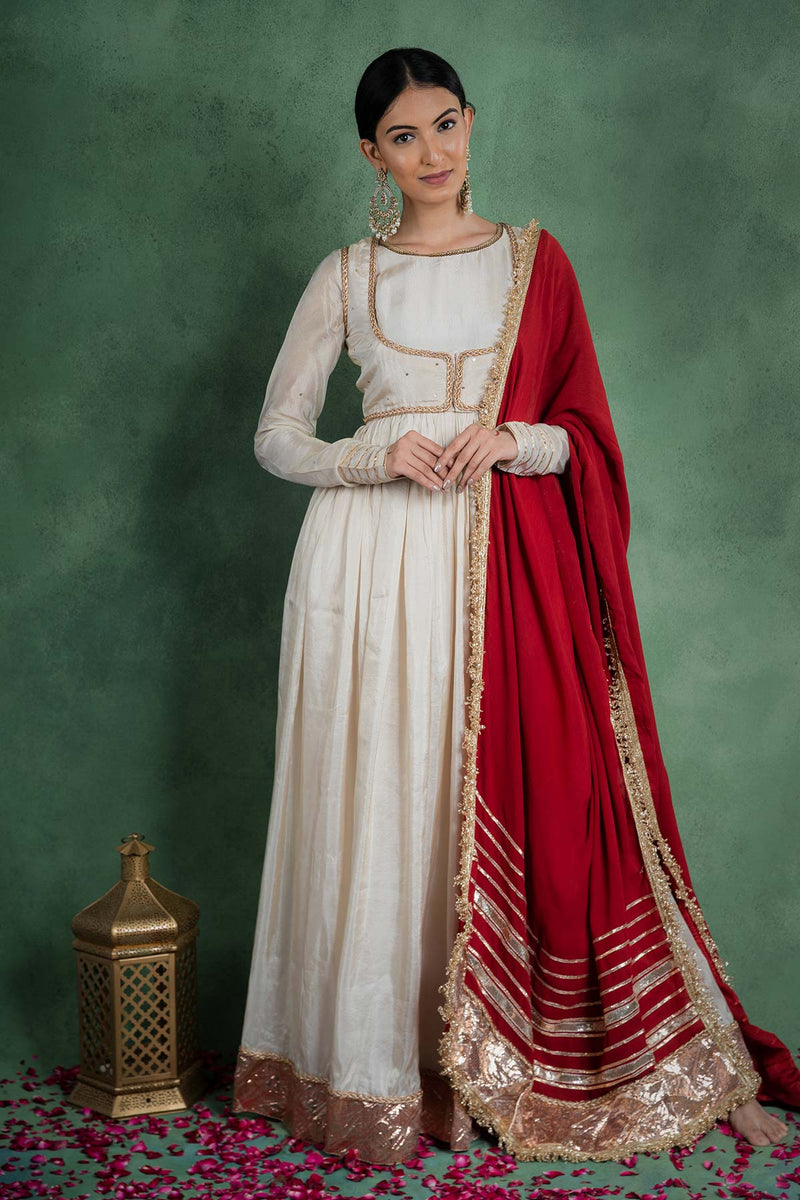 Sitaraa Anarkali Dress With Embroidered Jacket And Red Dupatta (Set Of 3)