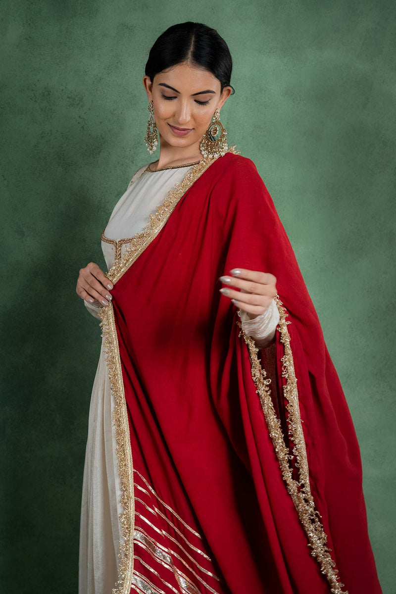 Sitaraa Anarkali Dress With Embroidered Jacket And Red Dupatta (Set Of 3)