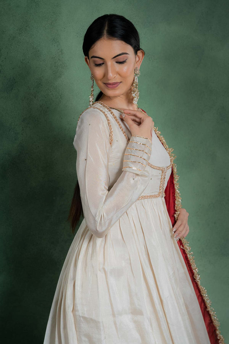 Sitaraa Anarkali Dress With Embroidered Jacket And Red Dupatta (Set Of 3)