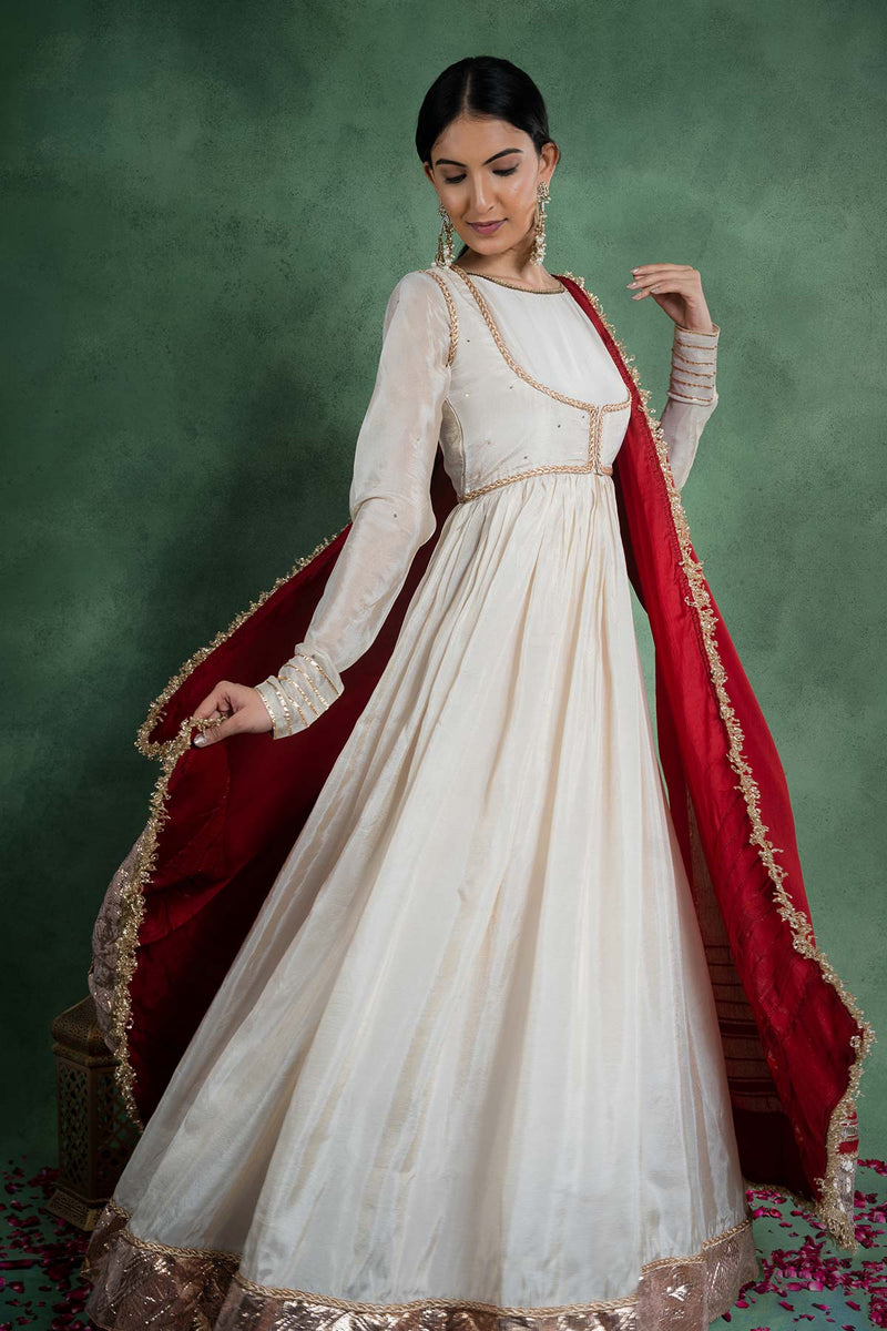 Sitaraa Anarkali Dress With Embroidered Jacket And Red Dupatta (Set Of 3)