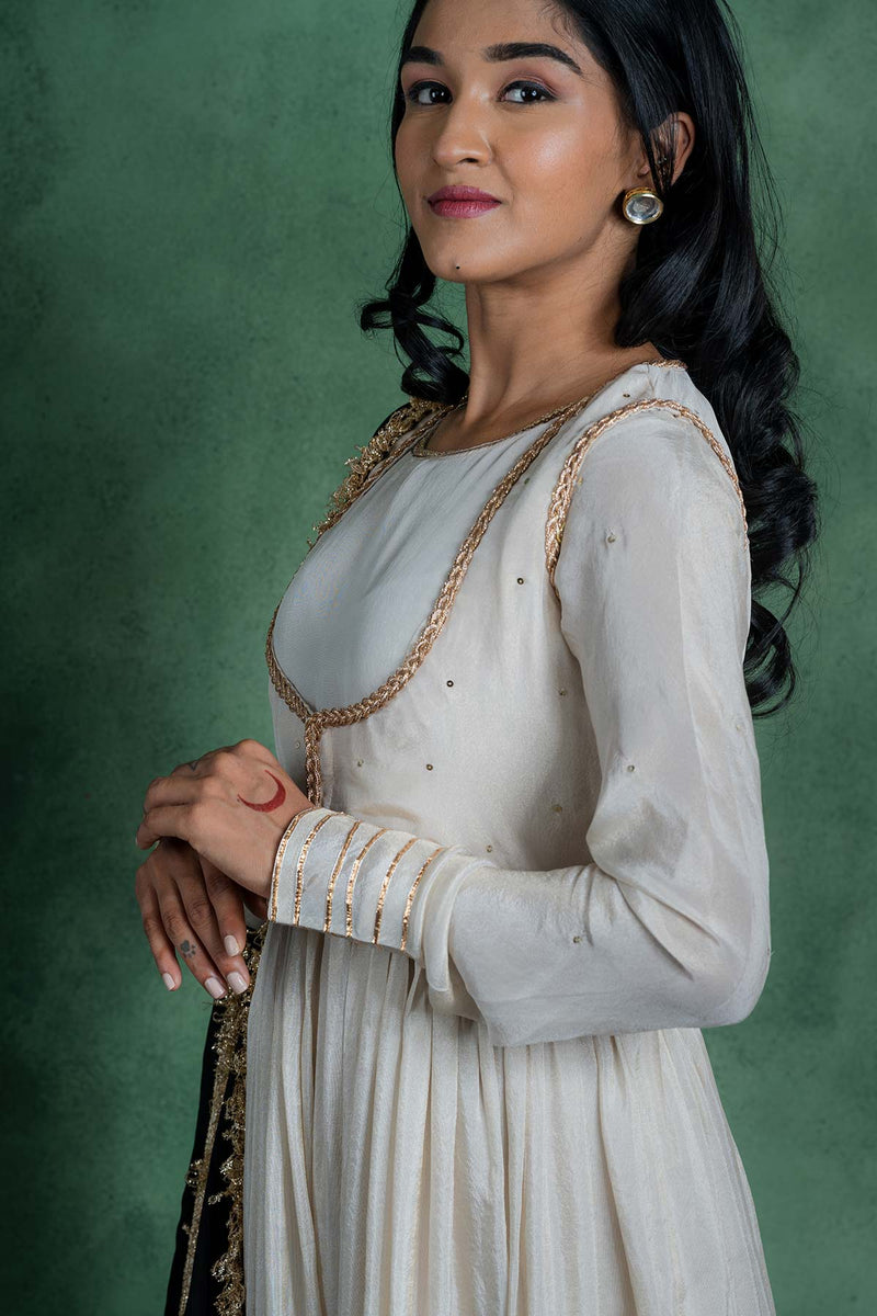 Sitaraa Anarkali Dress With Embroidered Jacket And Black Dupatta (Set Of 3)