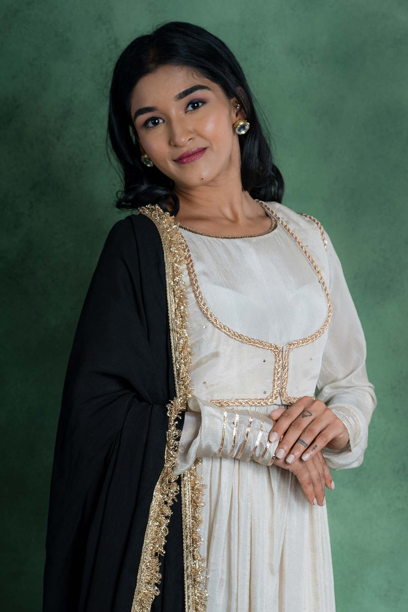 Sitaraa Anarkali Dress With Embroidered Jacket And Black Dupatta (Set Of 3)