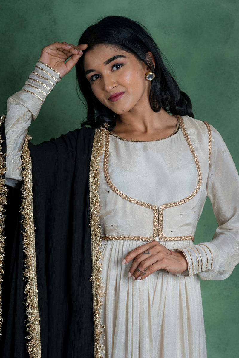Sitaraa Anarkali Dress With Embroidered Jacket And Black Dupatta (Set Of 3)