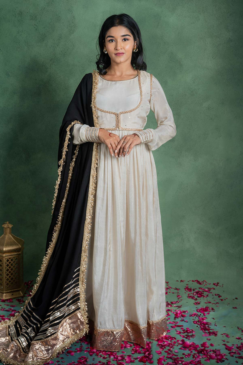 Sitaraa Anarkali Dress With Embroidered Jacket And Black Dupatta (Set Of 3)