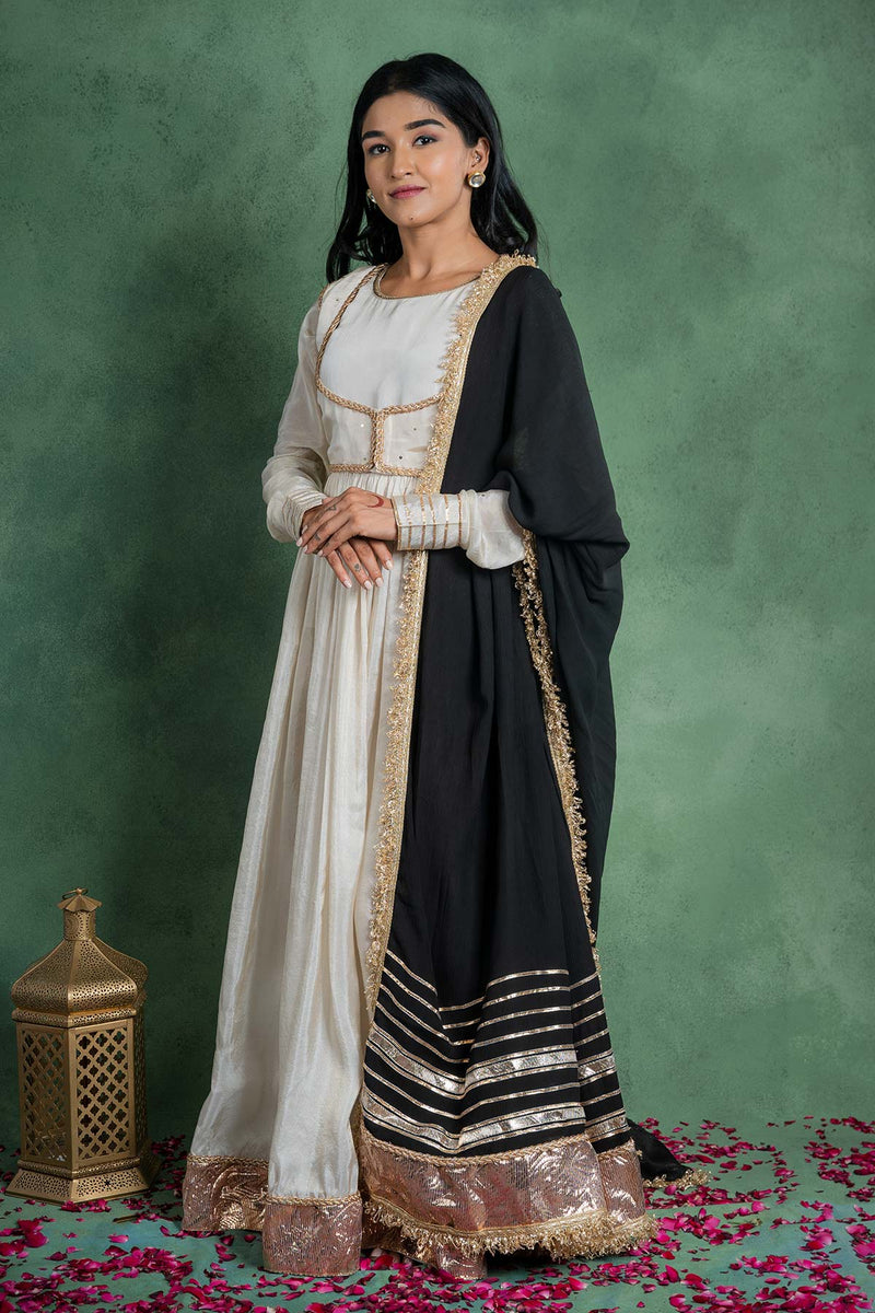 Sitaraa Anarkali Dress With Embroidered Jacket And Black Dupatta (Set Of 3)