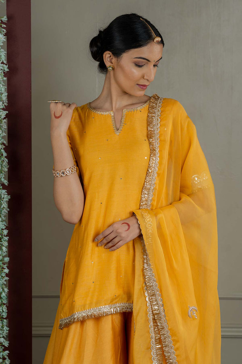 Mustard Yellow Organza Embroidered Dupatta