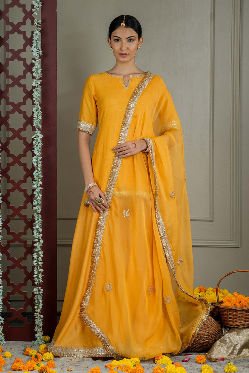 Mustard Yellow Organza Embroidered Dupatta